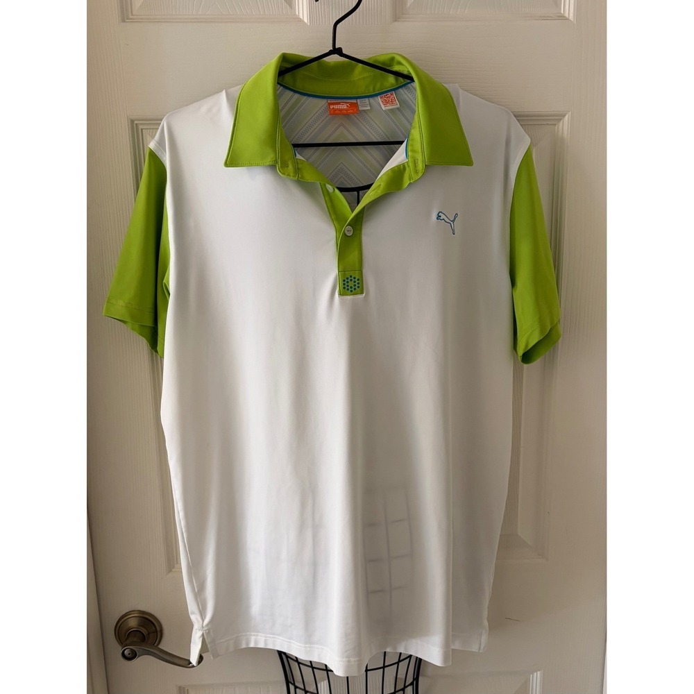Puma Golf Men's XL White Green Colorblock Performance Polo Shirt